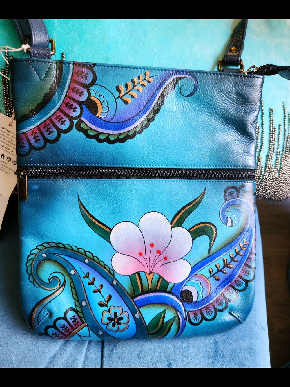 Anuschka- Anna Blue Floral Painted Crossbody Bag with Front Zip